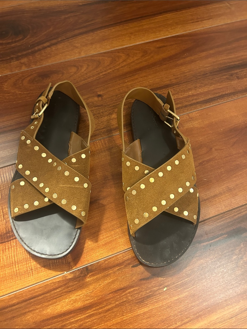 Madewell Tan Suede Studded Cross-Strap Sandals